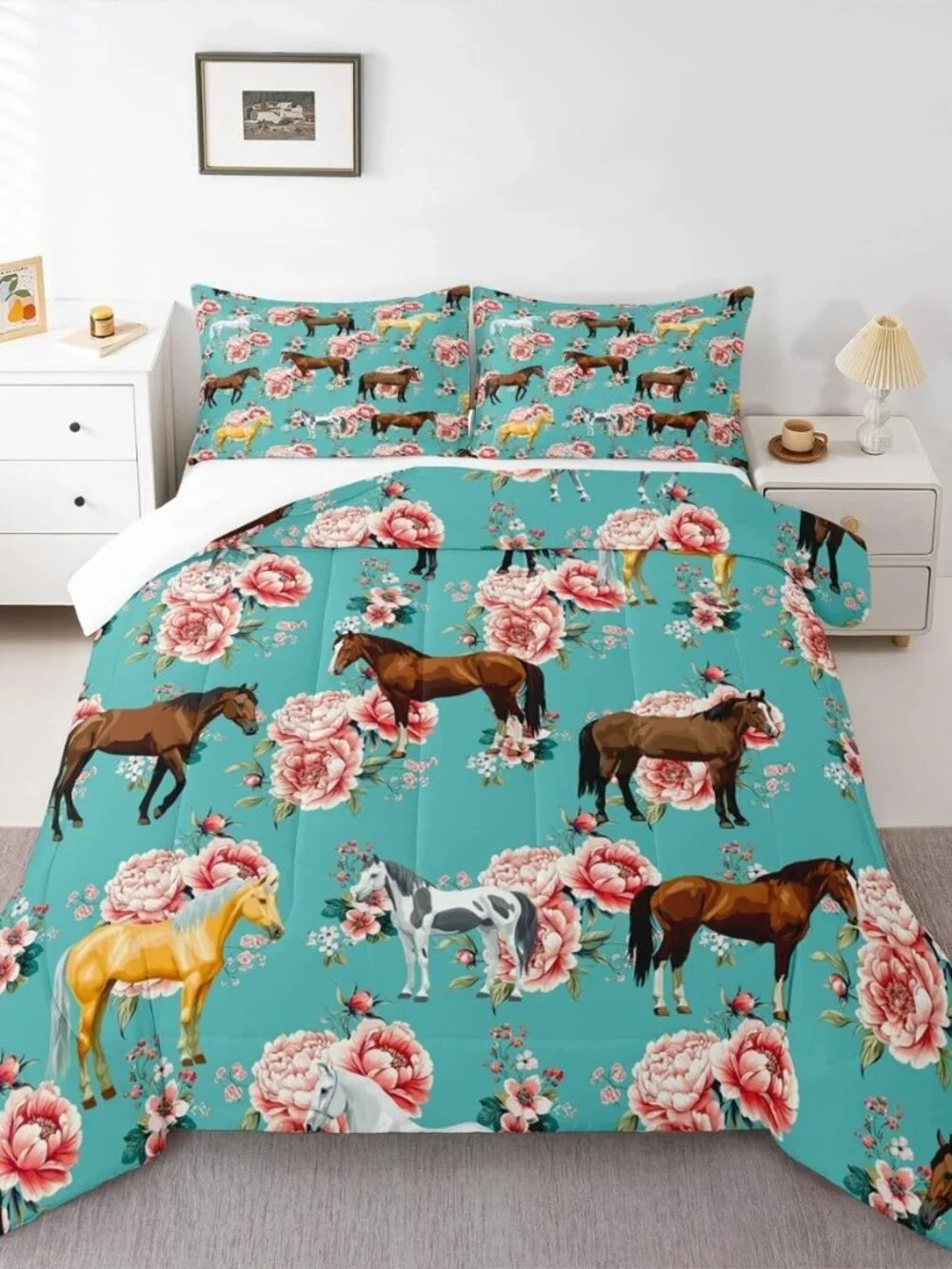 Girls Horse Comforter Set - Full Size Pink Flower Bedding Set for Kids - Gallopi
